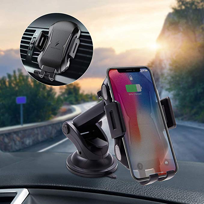 Wireless Car Charger Mount, Automatic Clamping 7.5W /10W Qi Fast Charger, Windshield Dashboard Air Vent Phone Holder Compatible with iPhone Xs/Xs Max/XR/X/ 8/8 Plus, Samsung Galaxy S10 /S10 /S9 /S9 /S