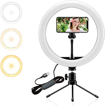 Selfie Ring Light 10" with Tripod Stand and Phone Holder Portable Desk Makeup LED Ring Light with 3 Lighting Colors and 10 Brightness for Photography/Makeup/Video/Live Streaming
