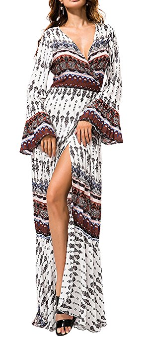 R.Vivimos Women Summer Beach Boho Floral Print Ruffles Wrap High Slit Maxi Dresses