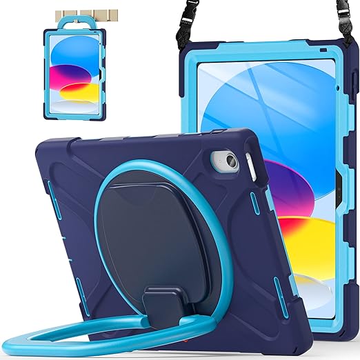 BATYUE iPad 10th Generation Case - Shockproof Protection Cover for 2022 10.9-inch iPad (10th Generation) with Screen Protector/Pencil Holder/ 360° Swivel Stand/Shoulder Strap, for Kids -NavyBlue