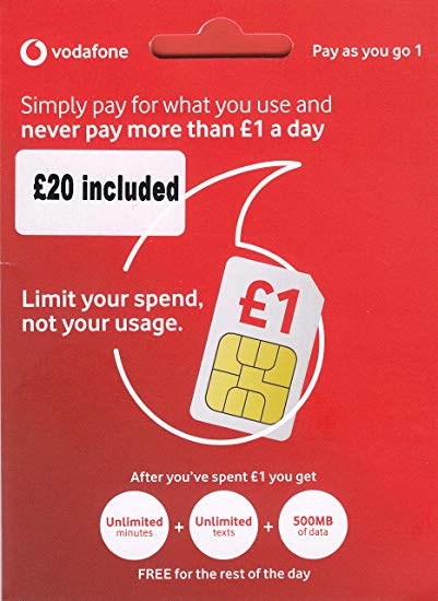 UK Vodafone SIM Card with £20 Credit preloaded, 4G Data, Voice mins and Texts to use in Europe and The UK