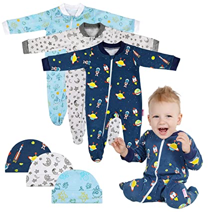 Lictin Baby Boys' One-Piece Footies Summer 0.5Tog Blanket Sleepers & Baby Caps 3 Pairs for Infants 3-6 Months- Baby Footed Pajamas of 100% Cotton Alien&Submarine Design White/Blue/Navy