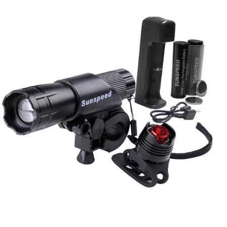 Sunspeed Waterproof Rechargeable LED Bike Light Set - LED Bright Headlight for Front and Tail Safety Light for Back of Bikes Easy to Mount No Tools Needed For Road Racing and Mountain Bicycles - 18650 Batteries Included - 100 No-hassle Replacement Guarantee