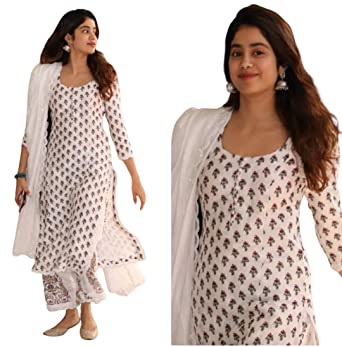 Jaipuri Fashionista Women's White Colour Cotton Printed Kurti with Pant and Dupatta Set