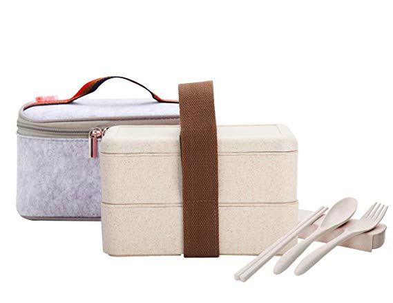 Worthbuy Bento Box Microwave Safe Stackbale 2 Tier Bento Lunch Box with Cutlery and Insulated Lunch Bag for Kids and Adults Beige