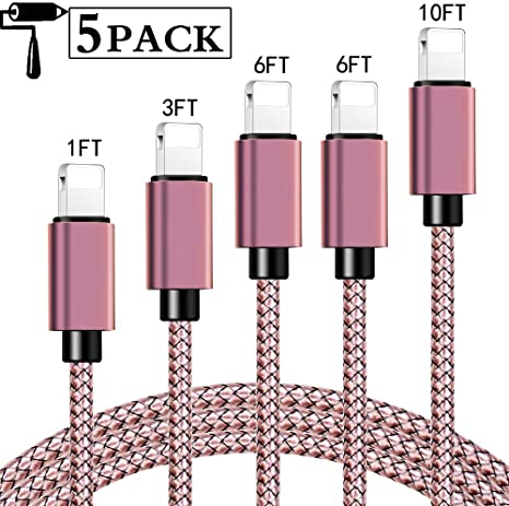 Durable Nylon Braided Cord Compatible with iPhone Charger, 5Pack[1/3/6/6/10FT] MFi Certified Fast & Extra Long USB Data Charging Cable for iPhone 11/X/Max/8/7/6/6S/5/5S/SE/Plus/iPad More