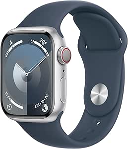 Apple Watch Series 9 [GPS   Cellular 45mm] Silver Aluminum Case with Storm Blue Sport Band S/M (Renewed Premium)