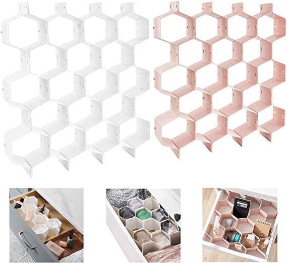 Honeycomb Drawer Organizer, KABB Honeycomb Dresser Drawer Organizer Dividers, 18 Slots Sock Organizer Underwear Drawer Organizer Adjustable Drawer Dividers for Clothes Underwear Ties Office Supplies (White Pink)