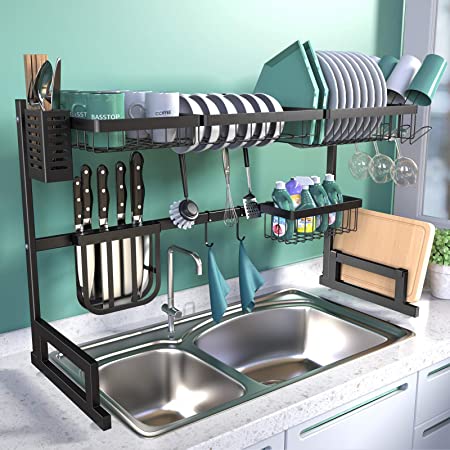 BASSTOP Over The Sink Dish Drying Rack, 2-Tier Dish Rack Width Adjustable Dish Drainer for Kitchen Organization Storage Shelf Dish Dryer Rack Utensils Holder for Countertop with 5 Utility Hooks