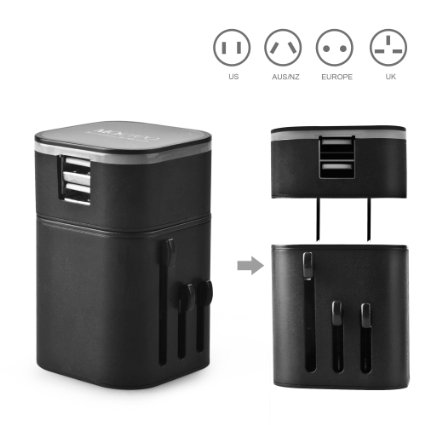 MOCREO®Two USB Detachable Universal World Travel Charger All-in-one UK/EU/US/AUS Plugs Safety World Travel Adapter 3200mA Dual USB Ports World Travel Charger ( Dual USB For Home Use)(Black)