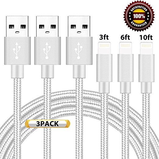 BULESK iPhone Cable 3Pack 3FT 6FT 10FT Nylon Braided Certified Lightning to USB iPhone Charger Cord for iPhone 7 Plus 6S 6 SE 5S 5C 5, iPad 2 3 4 Mini Air Pro, iPod - Silver