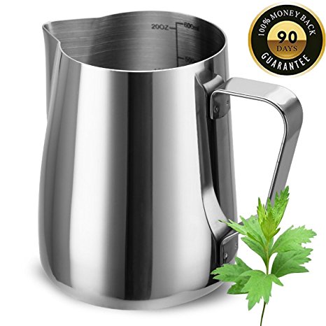 Milk Frothing Pitcher Stainless Steel Latte Art Creamer Cup Silver 20 oz (600 ml)with Measurement Scales for Espresso Machines