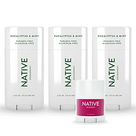 Native Deodorant - Natural Deodorant for Women and Men - 4 Pack - 3 Ct of Eucalyptus & Mint and 1 Ct Blackberry & Green Tea Mini Deodorant - Aluminum Free, Free of Parabens & Sulfates