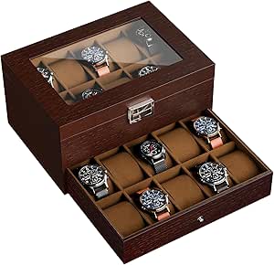 ProCase 20 Slots Lacquered Finish Wooden Watch Box for Men, Large Watch Organizer with Glass Top, 2-Tier Display Case for Wristwatch Storage -Espresso