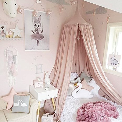 Princess Bed Canopy Mosquito Net for Kids Baby Crib, Round Dome Kids Indoor Outdoor Castle Play Tent Hanging House Decoration Reading nook Cotton Canvas Height 240cm / 94.9 inch (Princess Pink)