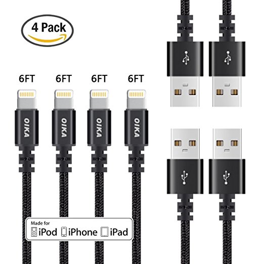 Lightning cable OIKA 4Pack 6FT Nylon Braided 8 pin IPhone Charger certified to charging Cable with charging indictor powerline for iPhone 5/5C/5S/6S/6S PLUS/7/7 plus, iPad Air, and more (Black)