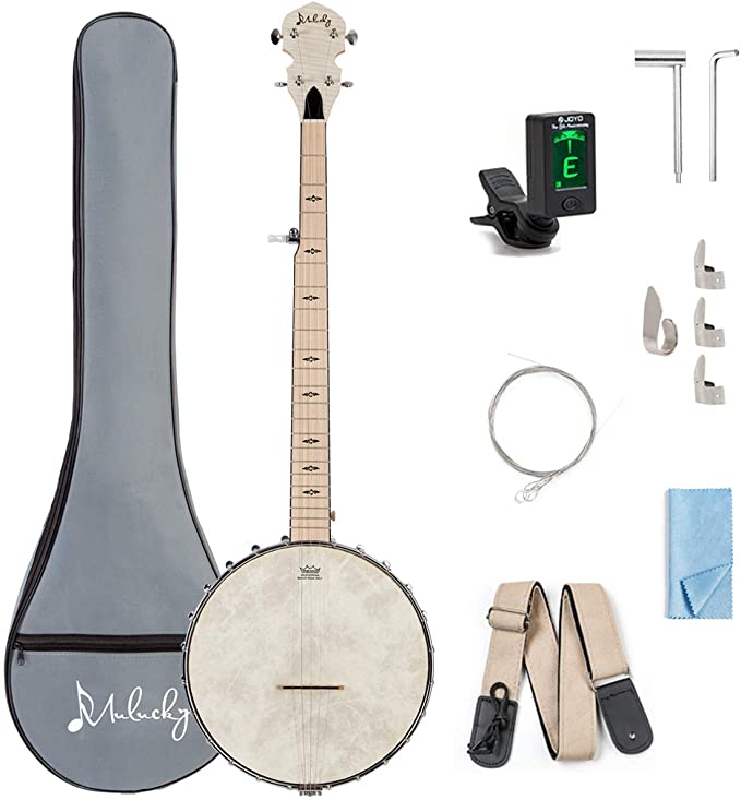 Mulucky 5 String Banjo - Remo Drumhead Openback Beginner Kit With Gig Bag Tuner Picks Strings Strap - B1101