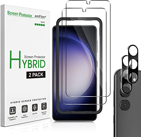 (2 2 Pack) amFilm 2 Pack Hybrid Screen Protector for Samsung Galaxy S23 5G [Fingerprint ID Compatible] with 2 Pack Glass Camera Lens Protector and Easy Installation Tray, HD Clear