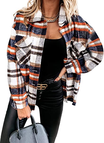 Dokotoo Womens Classic Plaid Color Block Button Down Boyfriend Long Sleeve Shirts Blouses Tops