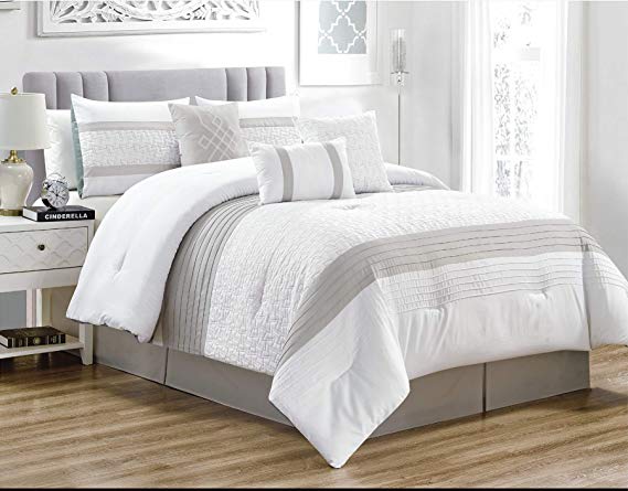 JML Queen Comforter Set, 7 Piece Microfiber Bedding Comforter Sets with Shams and Decorative Pillows - Luxury Patchwork Quilted Pattern, Perfect for Any Bed Room or Guest Room, White