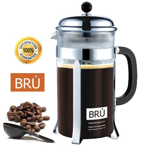 Classic French Press  BRU USA Coffee and Tea Maker  Stainless Steel - DOUBLE Screen Filter and Heat Resistant Glass  8 -Cups 34-Oz