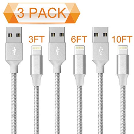 BBInfinite [3 Pack] Power Lightning Protection Cable,3FT 6FT 10FT Nylon iPhone Charger Cable USB Charging Cable for iPhone8/8 Plus/7/7 Plus/6/6 Plus/6s/6s Plus/5/5s/5c/SE.(Gray&Whtie)