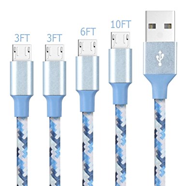 AOFU Micro USB Cable,4Pack 3FT 3FT 6FT 10FT Nylon Braided High Speed Android Charger USB to Micro USB Cable Samsung Fast Charger Charging Cord for Samsung Galaxy S7 Edge/S6/S4/Note 5/ 4(CamoBlue)