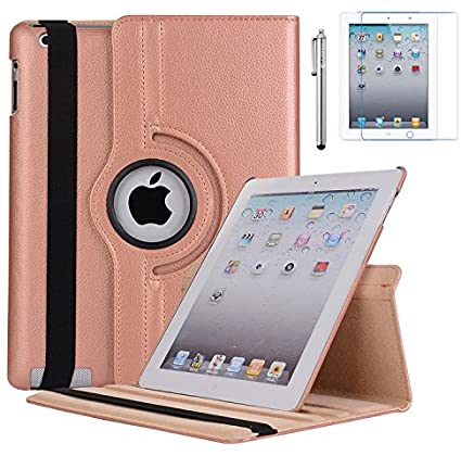 AiSMei iPad 2/3/4 Case, Rotating Stand Case Cover for Old iPad 2 (2011), iPad 3 (2012), iPad 4th Gen.(2012) [Bonus Film Stylus] Rose Gold