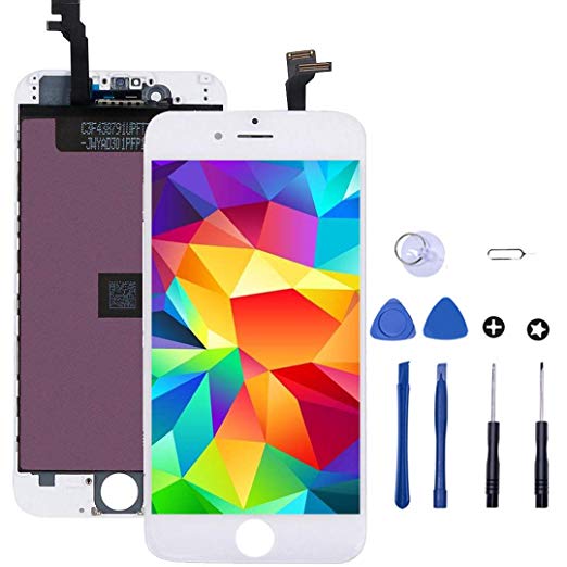 EDYELL Screen Replacement For iPhone 6 Plus Fully Assembled Display Touch LCD Digitize Assembly Front Camera Plastic Holder Earpiece Anti-Dust Mesh Repair Tool Kit White(5.5 inches)