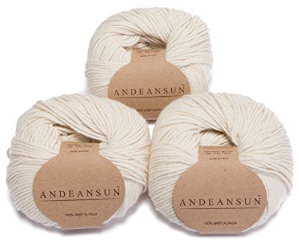 AndeanSun -100% Baby Alpaca Yarn Skeins - Set of 3 - Ivory - Luxuriously soft for knitting, crocheting - Great for baby garments, scarves, hats, and craft projects - Assorted Natural and Vibrant Colors - Satisfaction Guaranteed