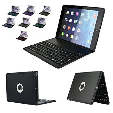 iPad Air Keyboard Case iEGrow Wireless Bluetooth Clamshell Protective Keyboard with 135 Degree Rotation Case and 7 Colors LED Backlit for Apple iPad Air 1 Black