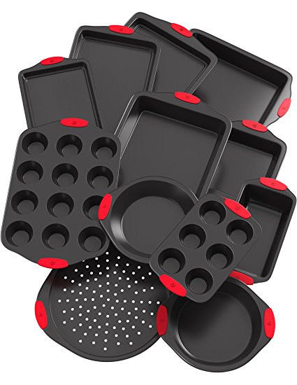 Vremi 12 Piece Nonstick Bakeware Set - Small and Large Baking Sheets and Baking Pans in Non Stick Carbon Steel with Red Silicone Handles - Roasting Pans Cake Pie Loaf Muffin Pans and Pizza Crisper