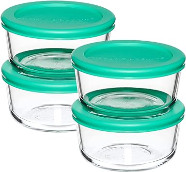 Anchor Hocking 8 Piece Glass Food Storage Containers 2-Cup Round with Mint Snugfit Lids (BPA free, oven, microwave, fridge, and freezer safe)