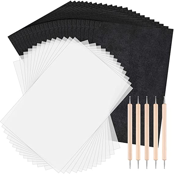 200 Pieces 11.7 x 8.3 Inch Tracing Paper and Carbon Graphite Paper, Wood Burning Transfer Paper Wood Carving and Tracing Paper with 5 Pieces Embossing Tracing Dotting Tools