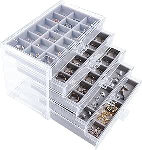 5 Drawers Clear Jewelry Box for Women and Girls, Acrylic Earring Holder Organizer Ring Holder Display Storage, Gray