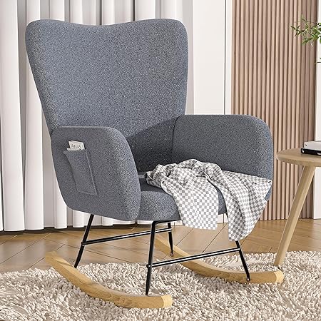 VECELO Rocking Chair Teddy Upholstered Glider Rocker with Padded Seat,High Backrest for Nursery,Living Room,Bedroom, Gery