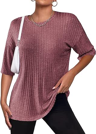 Zeagoo Women's Oversized T Shirts Ribbed Knit Short Sleeve Crewneck Casual Comfy Tunic Tops S-2XL