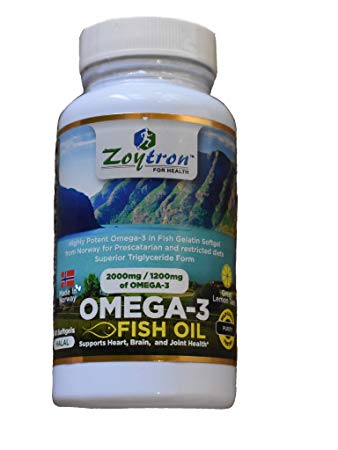 Zoytron Omega 3 Fish Oil 2000mg (Omega-3 1200 mg), Halal, Fish Gelatin, Lemon Flavored Oil, from Norway, Burpless with EPA & DHA.