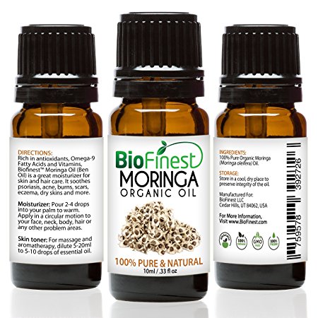 Biofinest Moringa Organic Oil - 100% Pure, Natural, Cold-Pressed - Premium Moisturizer - Soothe Acne, Psoriasis, Eczema, Dry Skins, Scars - FREE E-Book (10ml)