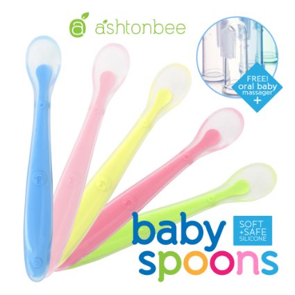 Baby Spoons BPA Free Soft Silicone Set for Feeding by Ashtonbee (5 Pack)