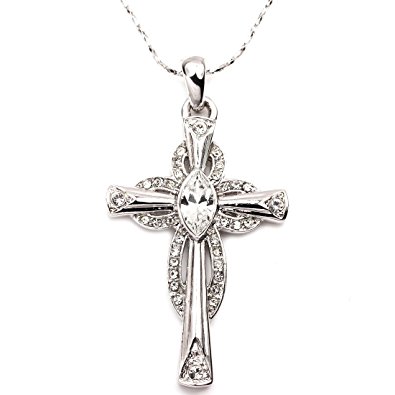 FC JORY Rose & Rhodium Plated Cubic Zirconia Cross Pendant Necklace Christian Religious Jewelry