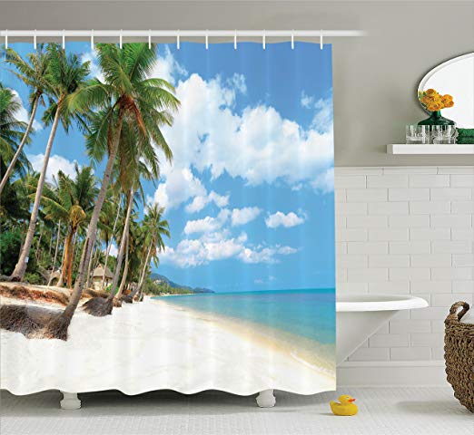 Ambesonne Ocean Decor Collection, Tropical Beach View with Exotic Palm and Clean Sand by the Sea Hawaii Style Paradise, Polyester Fabric Bathroom Shower Curtain, 84 Inches Extra Long, Cream Blue Green