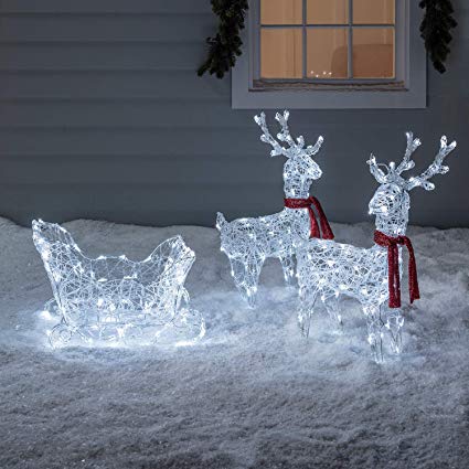 Lights4fun Reindeer & Sleigh Acrylic Christmas Figure Battery Operated Outdoor Use with Timer