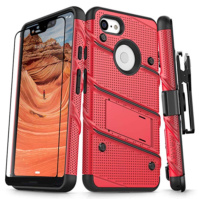 Zizo Bolt Series Compatible with Google Pixel 3 XL Case Military Grade Drop Tested with Full Glass Screen Protector Holster and Kickstand Red Black