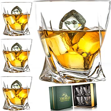 Amerigo Premium Whiskey Glass Set of 4 in Luxury Gift Box - Twist Whiskey Glasses 12oz for Scotch, Bourbon & Old Fashioned Cocktails - Whisky Gift for Men - Glass Tumblers - Fathers Day Gift - Bar Set
