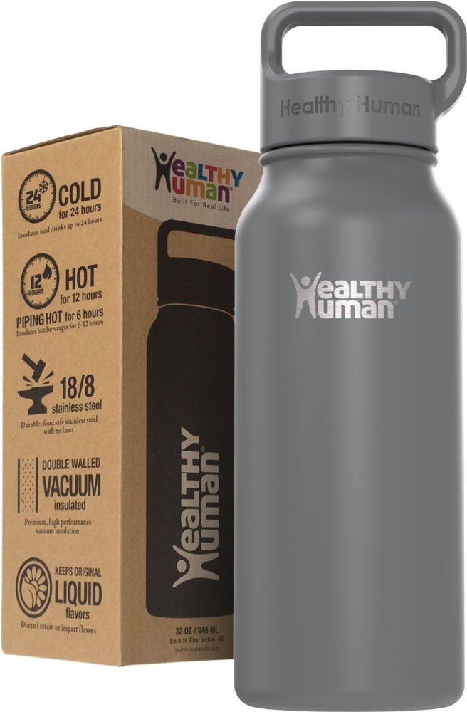 Healthy Human Stainless Steel Water Bottle Stein - Thermo Insulated Reusable Flask - Cold 24 Hrs  Hot 12 Hrs - Double Wall - w Hydro Guide - 4 Sizes and 7 Colors