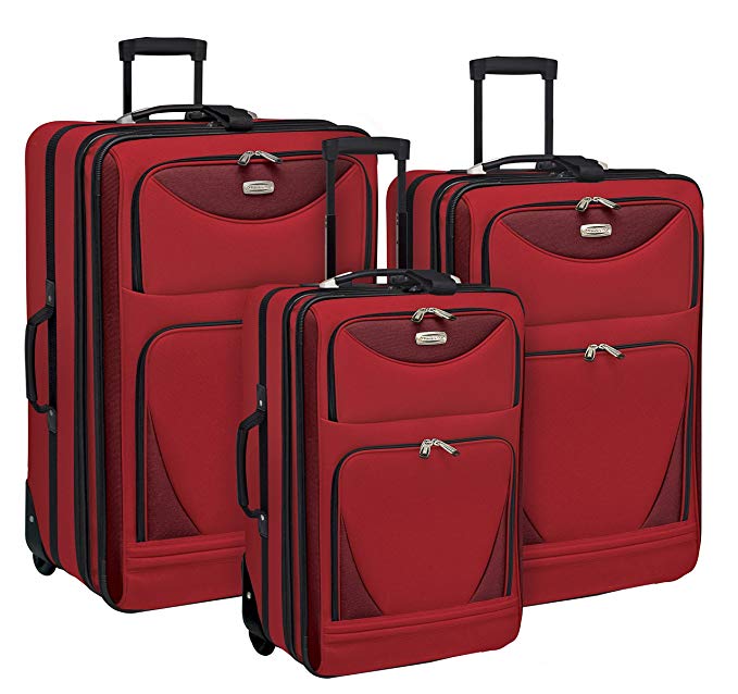 3 Piece Expandable and Highly Durable "Sky-View Collection" Luggage Set with 28" Suitcase, 24" Upright, and 20" Carry-On, Red Color Option