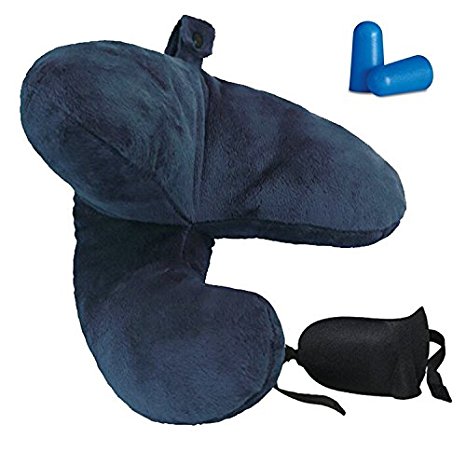 Travel Neck Pillow set. Neck, Head and Chin support Pillow with Super Soft Washable Cover (Navy) including earplugs and sleeping eye mask.