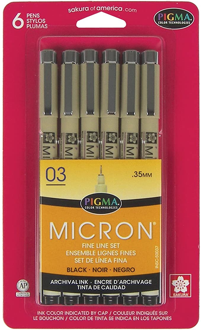 Sakura 50037 6-Piece Pigma Micron-03 Ink Pen Set, 0.35mm, Black