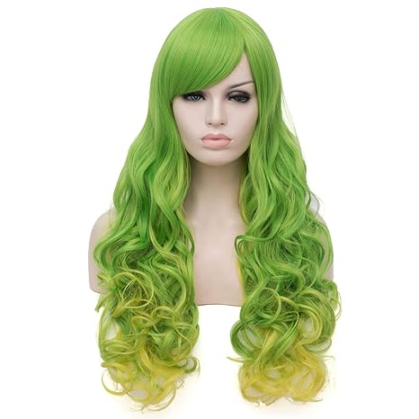 BERON Long Curly Wavy Ombre Green Synthetic Wigs with Bangs Daily Use Halloween Cosplay Costume Party Wig (Ombre Green)